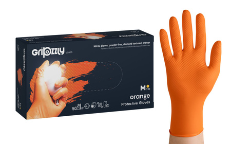 GRIPZZLY Nitrilhandschuhe Orange 0,20 mm | Einweg | Diamant-Grip für Öl & Nässe | puder- und latexfrei | Box à 50 Stück